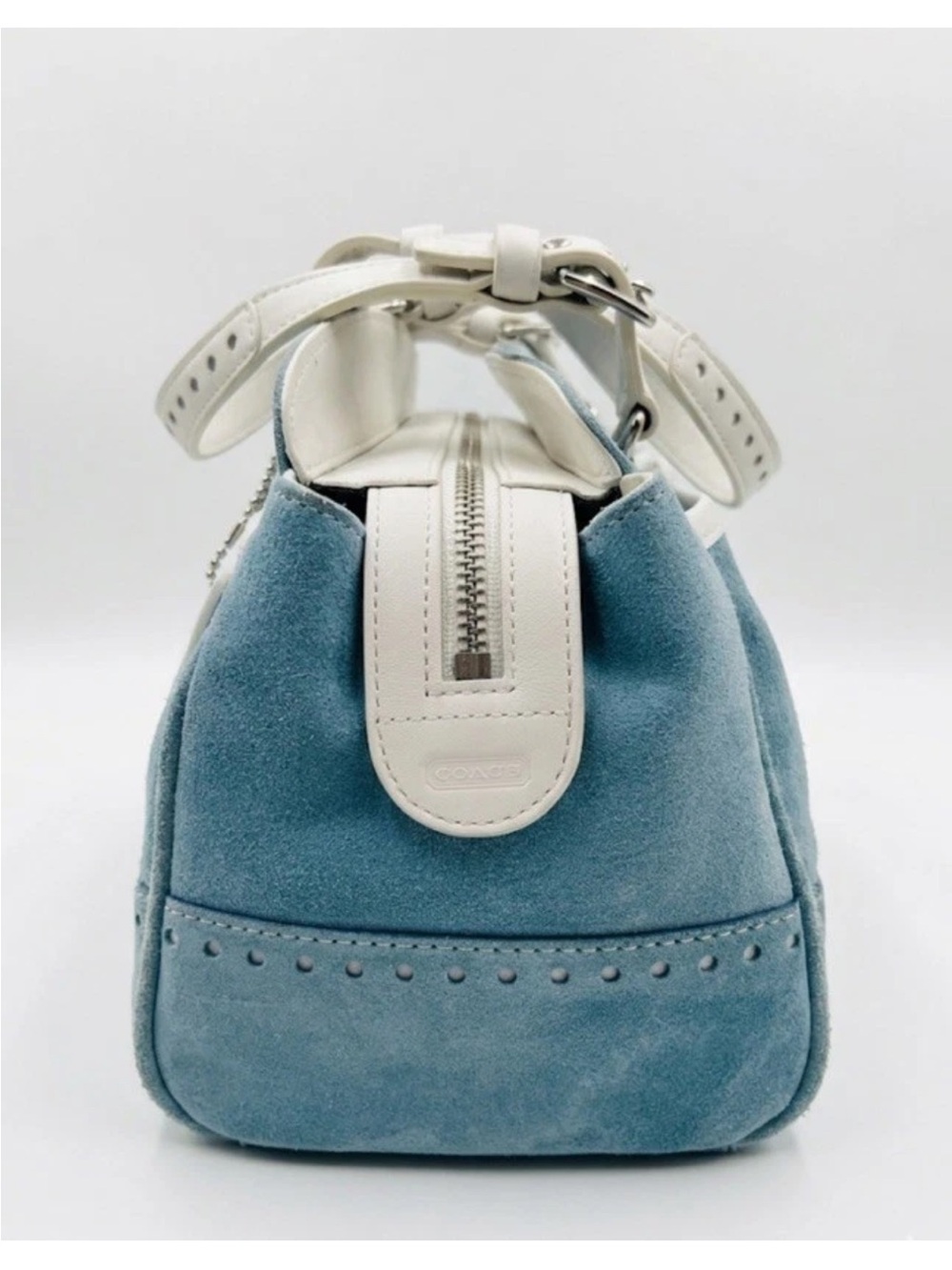 Coach Hamptons Satchel/Wristlet Set, Baby Blue Suede, White Leather Trim VINTAGE - Picture 5 of 13